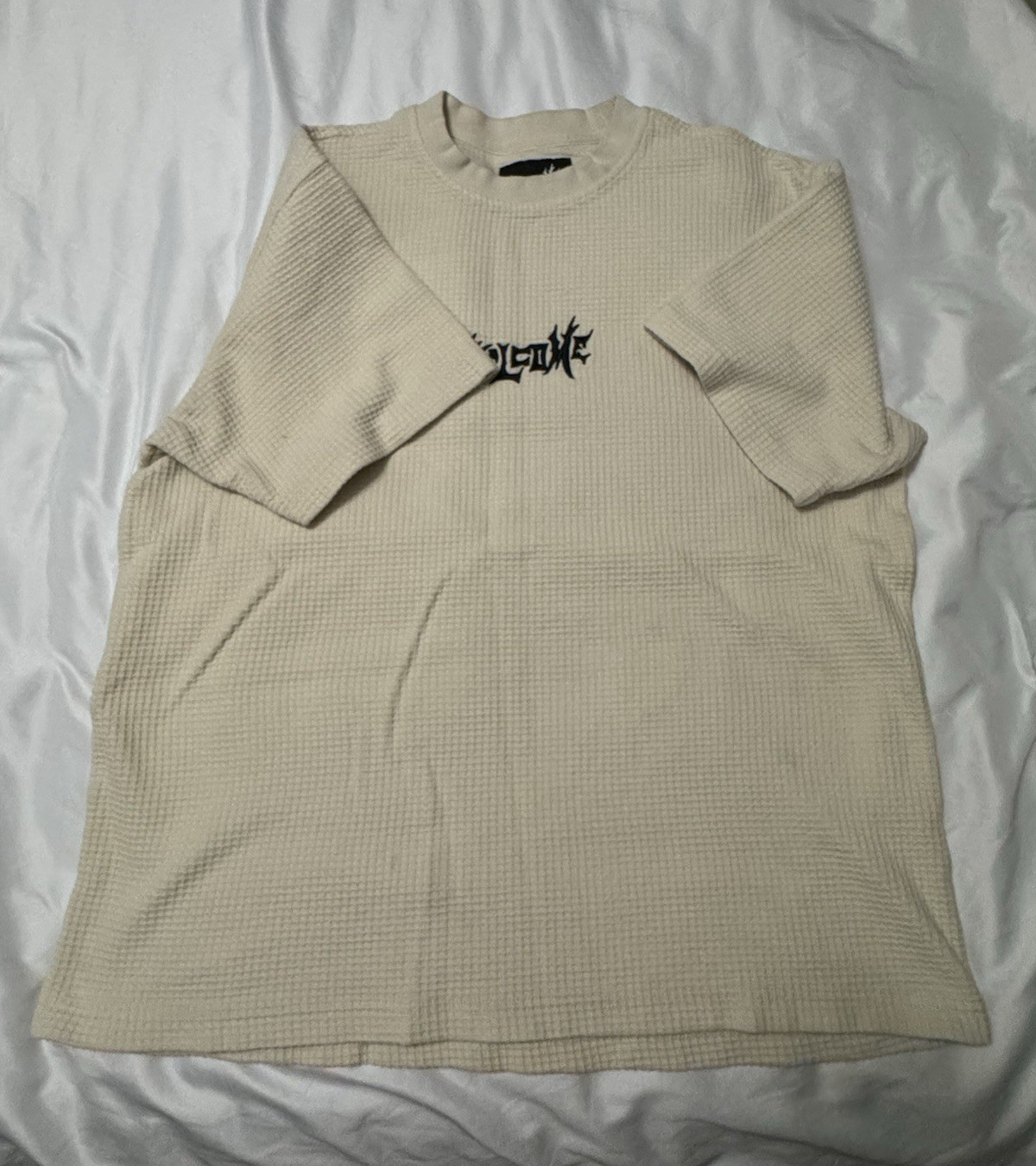 WELCOME Waffle Knit Logo Crew Neck Short Sleeve Beige T-Shirt Men’s M