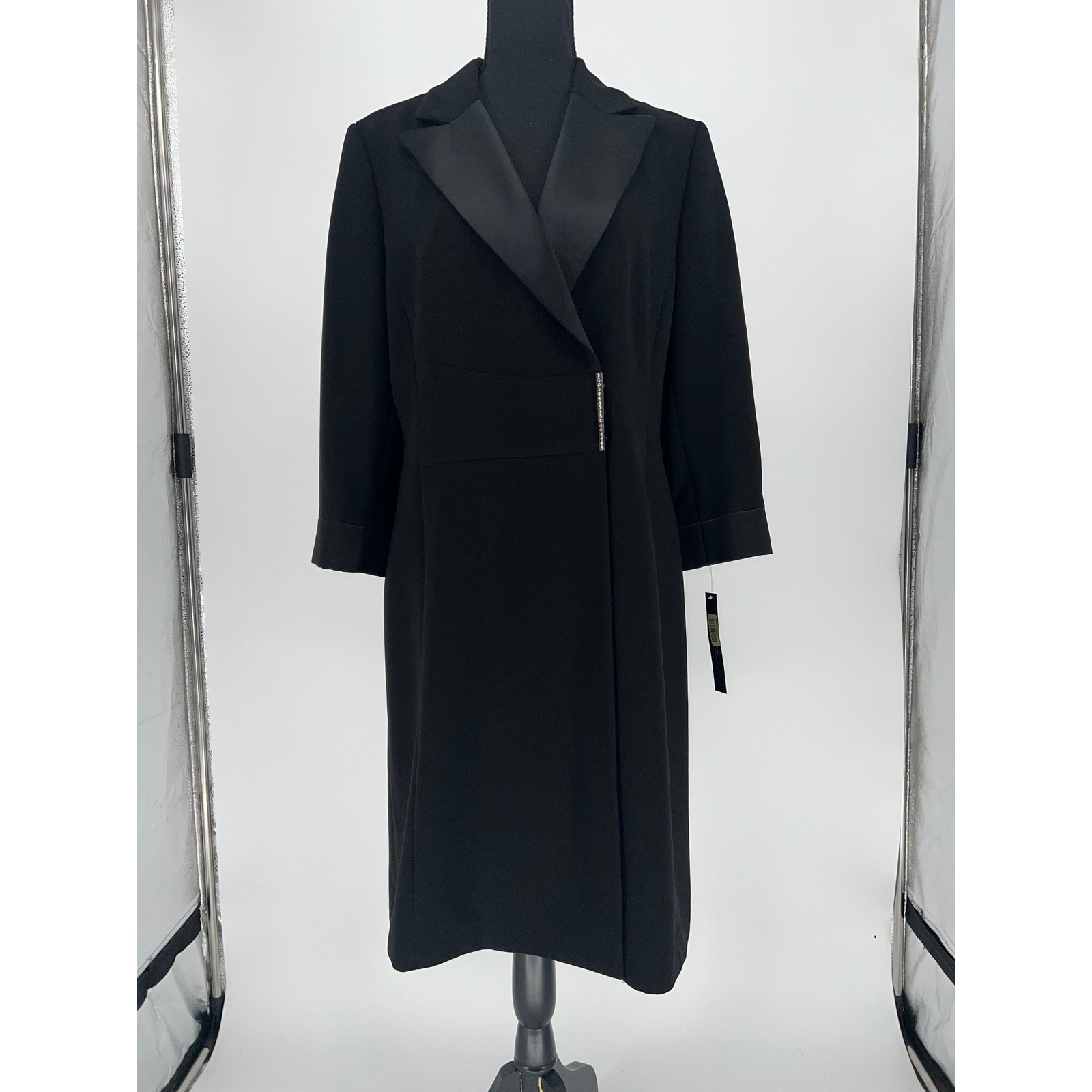 Alyssa Black Tuxedo Wrap Dress Satin Lapel Rhinestone Detail 12P 8223P845
