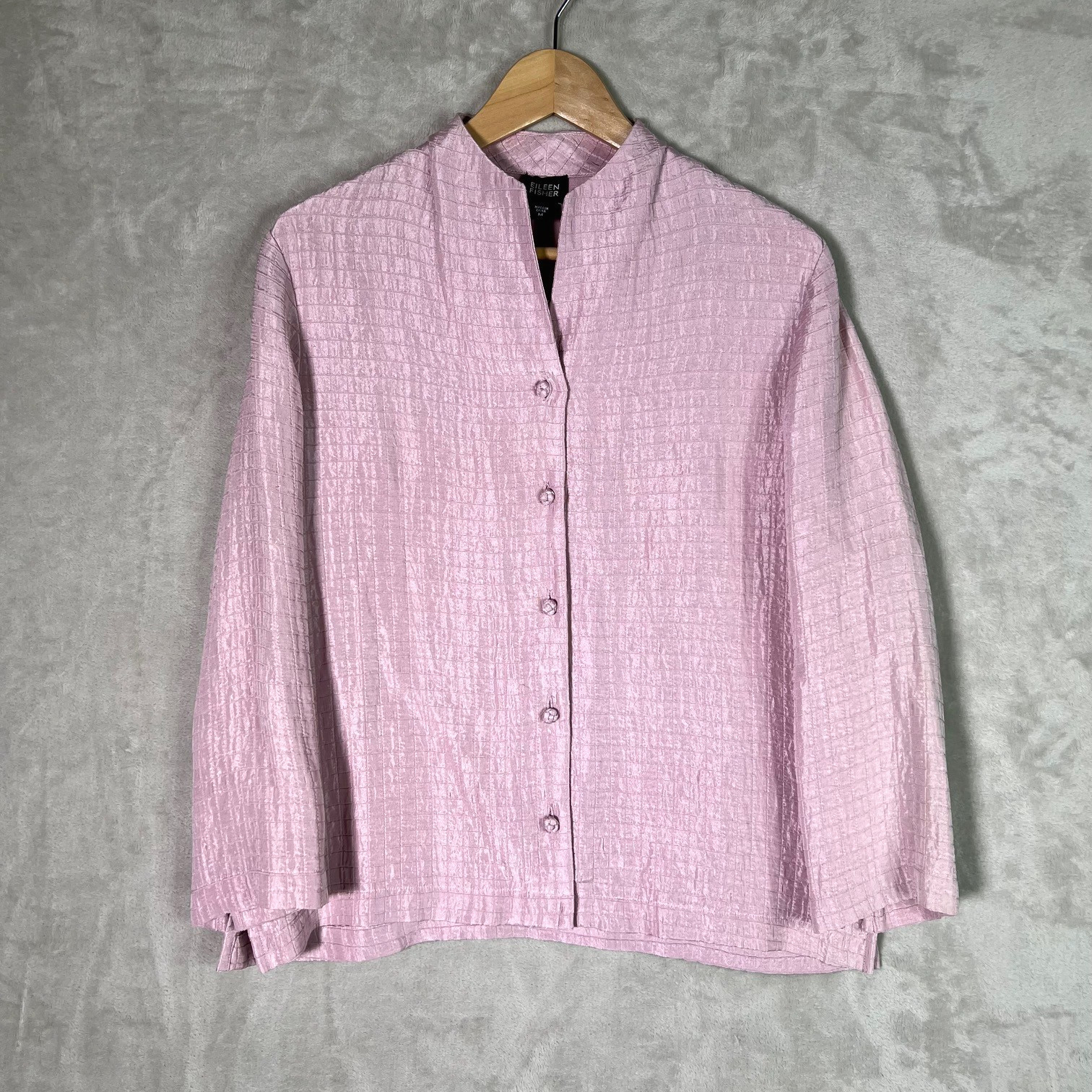 Eileen Fisher Blouse M Textured Silk Linen Pink Braid Button 3/4 Sleeve Luxury