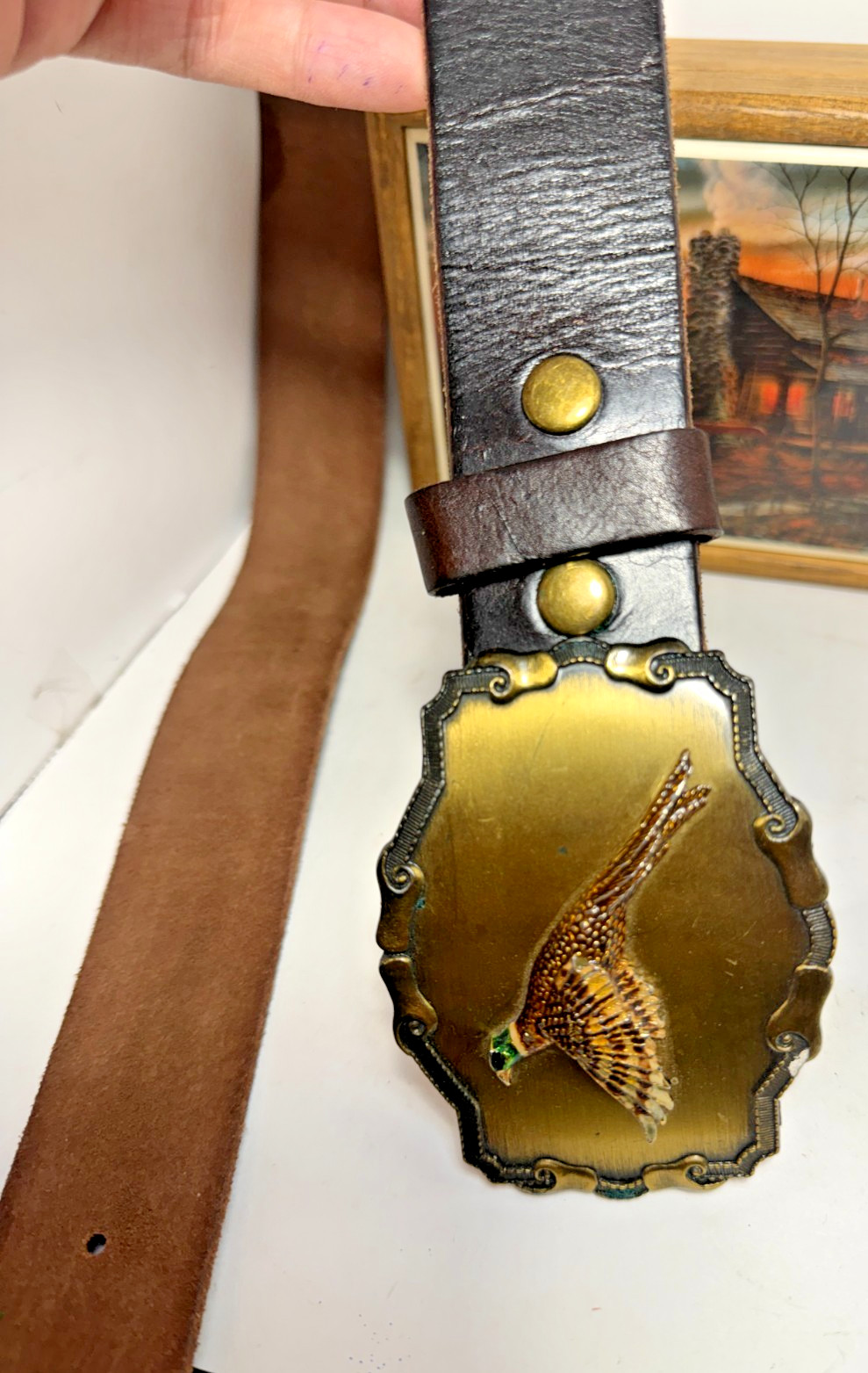 Vintage Raintree Ring-Necked Pheasant Belt Buckle w/ Gelante Leather Belt L38-40