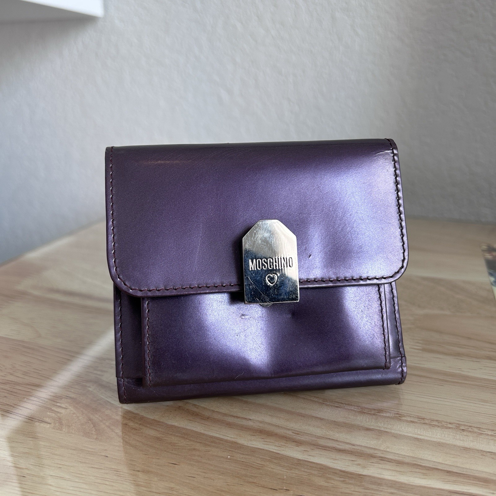90s Moschino Redwall • Plum Leather • Mini Wallet Silver Heart Clasp • Vintage