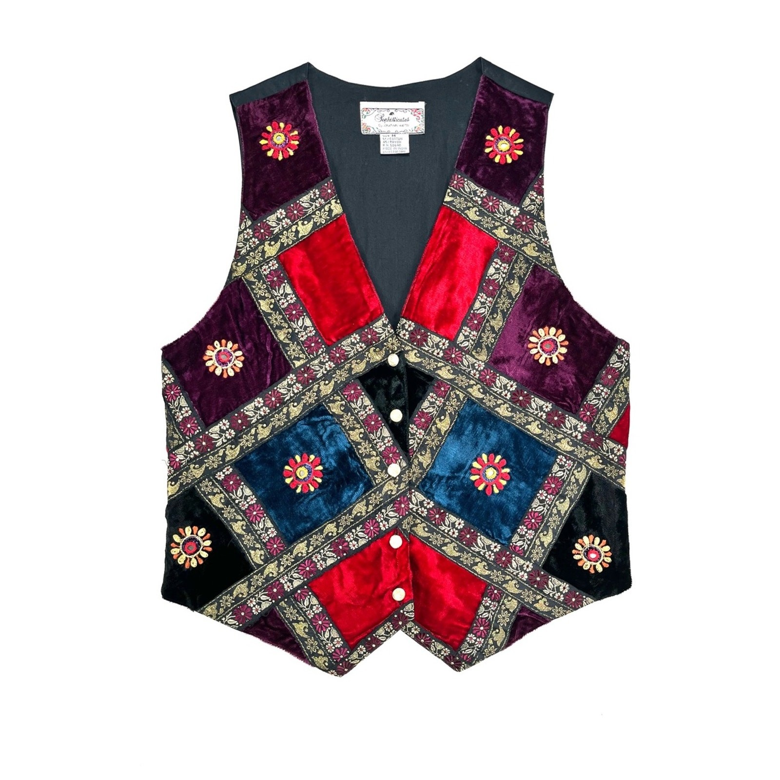 Vintage 1990s Velvet Patchwork Vest Embroidered Button-Up Medium Jewel Tones