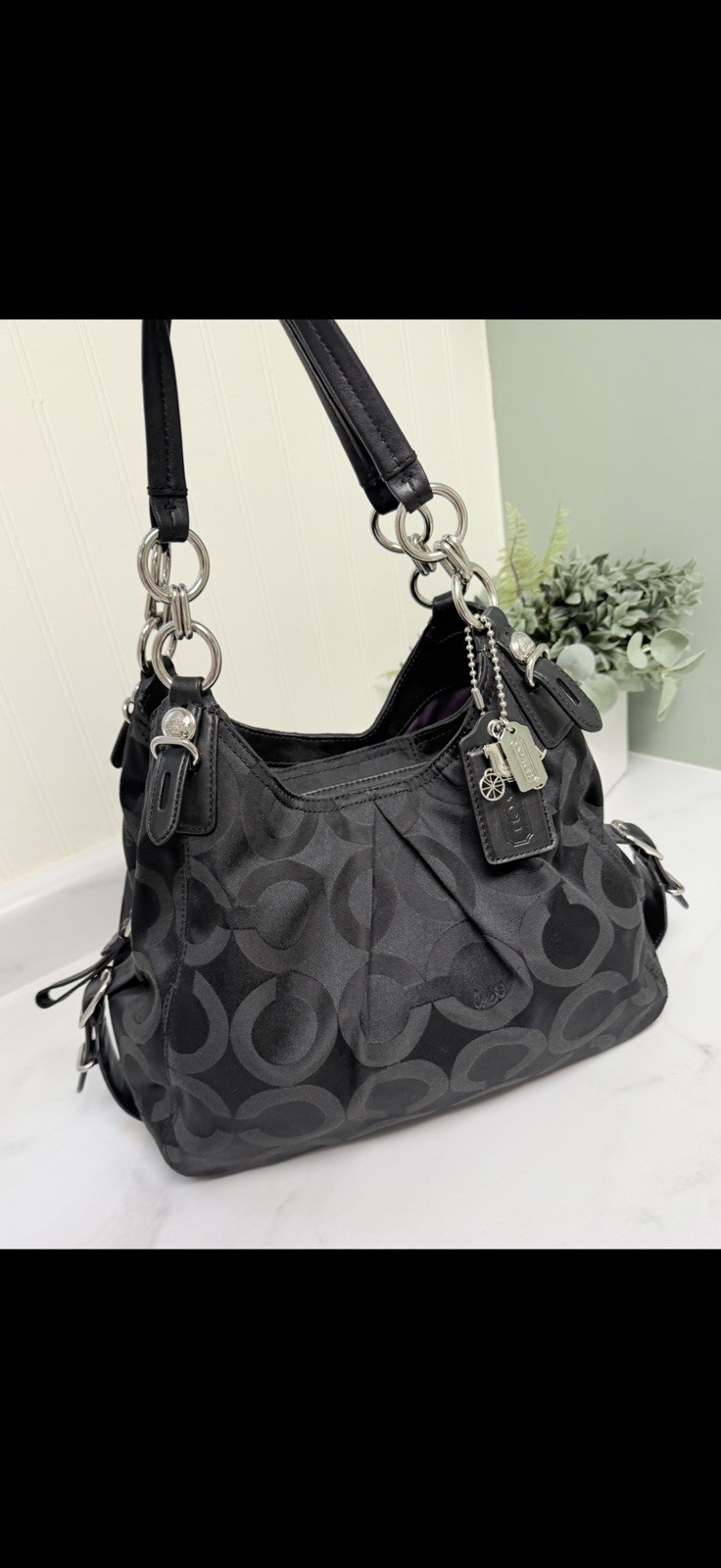 Coach Signature Logo Shoulder Bag Black/Gray Zip Purple Lining