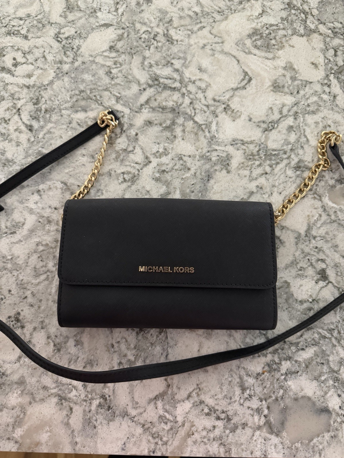 Michael Kors Black Crossbody Bag Gold Chain Logo Accent Adjustable Strap