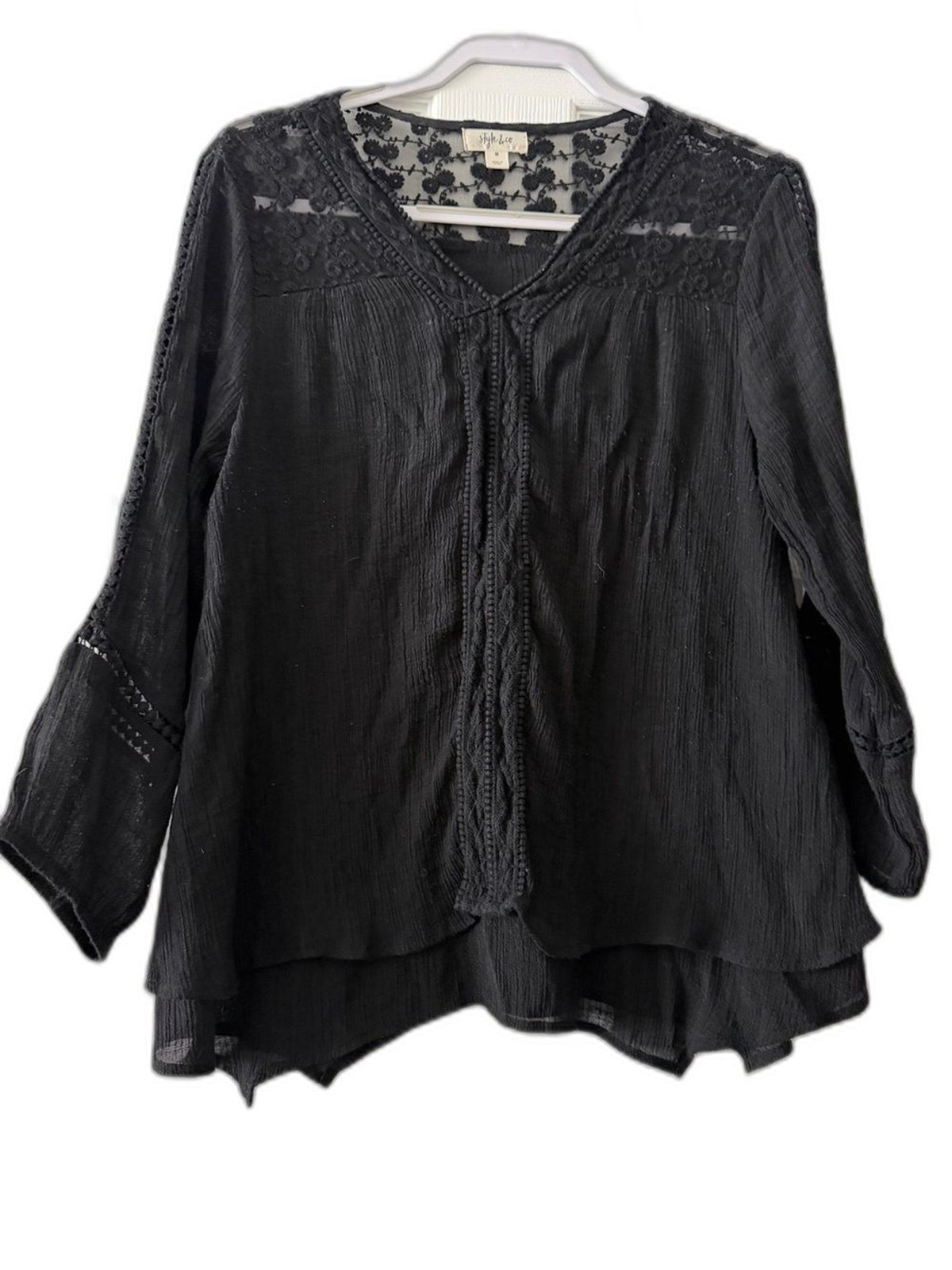 Style & Co Black Boho Gauze Blouse Lace Crochet Trim 3/4 Sleeve Medium