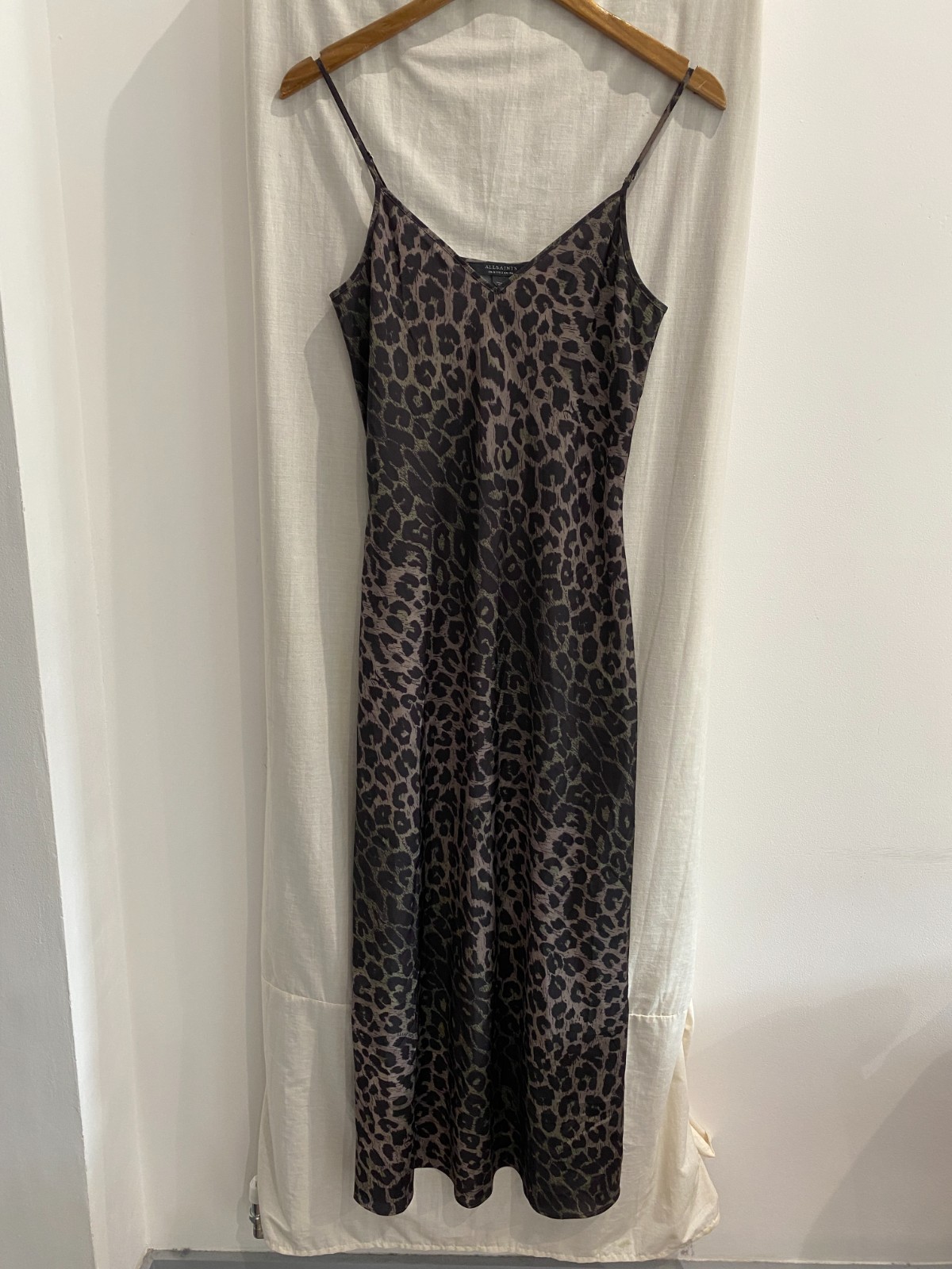 ALLSAINTS TIERNY Khaki Leopard Print Sleeveless Slip Dress Size UK 6 (S24)