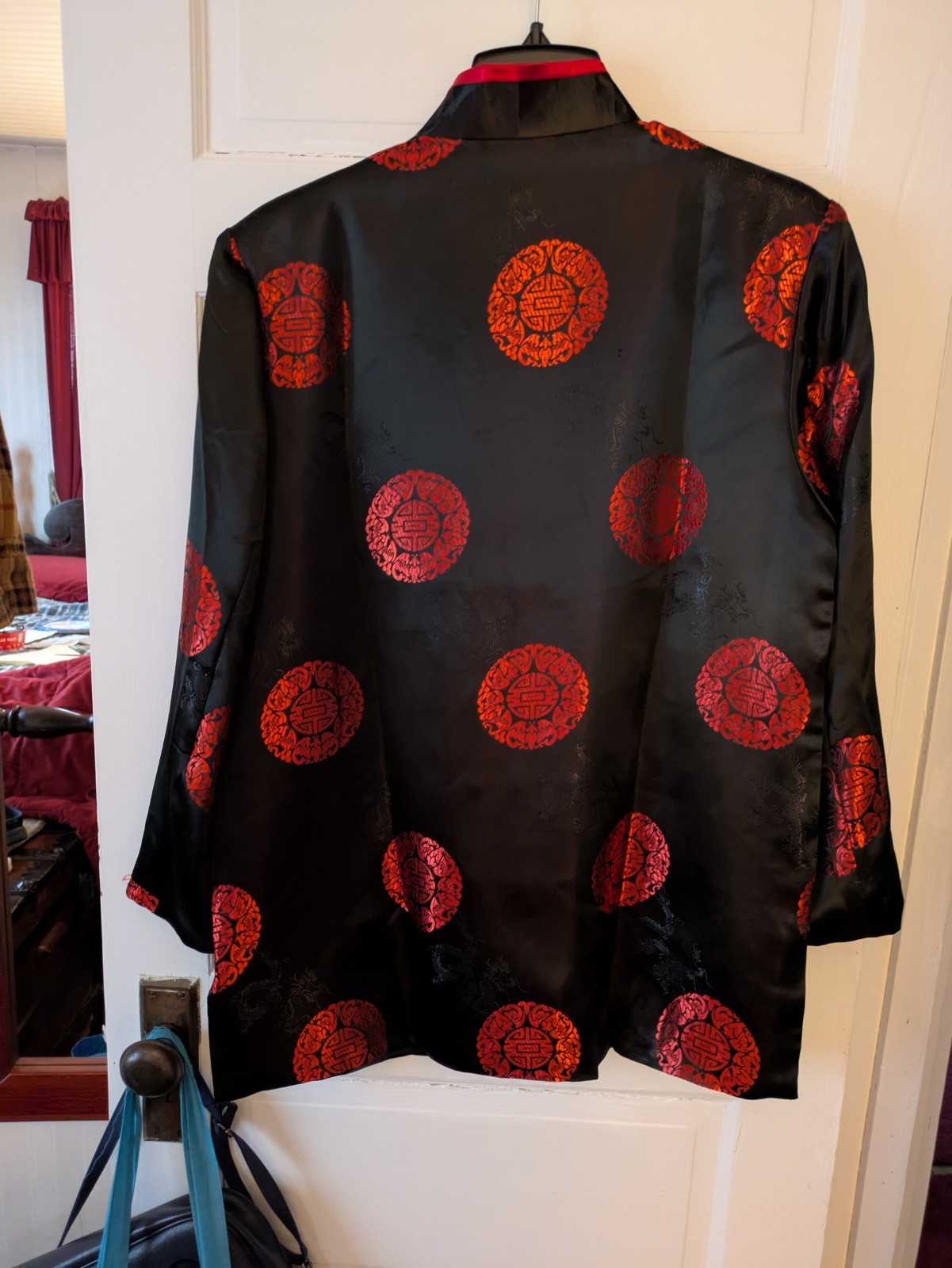 YHSL Mens XL (42″) Asian Jacket Dragon Black Red Knot Frog Closure Lined Pocket