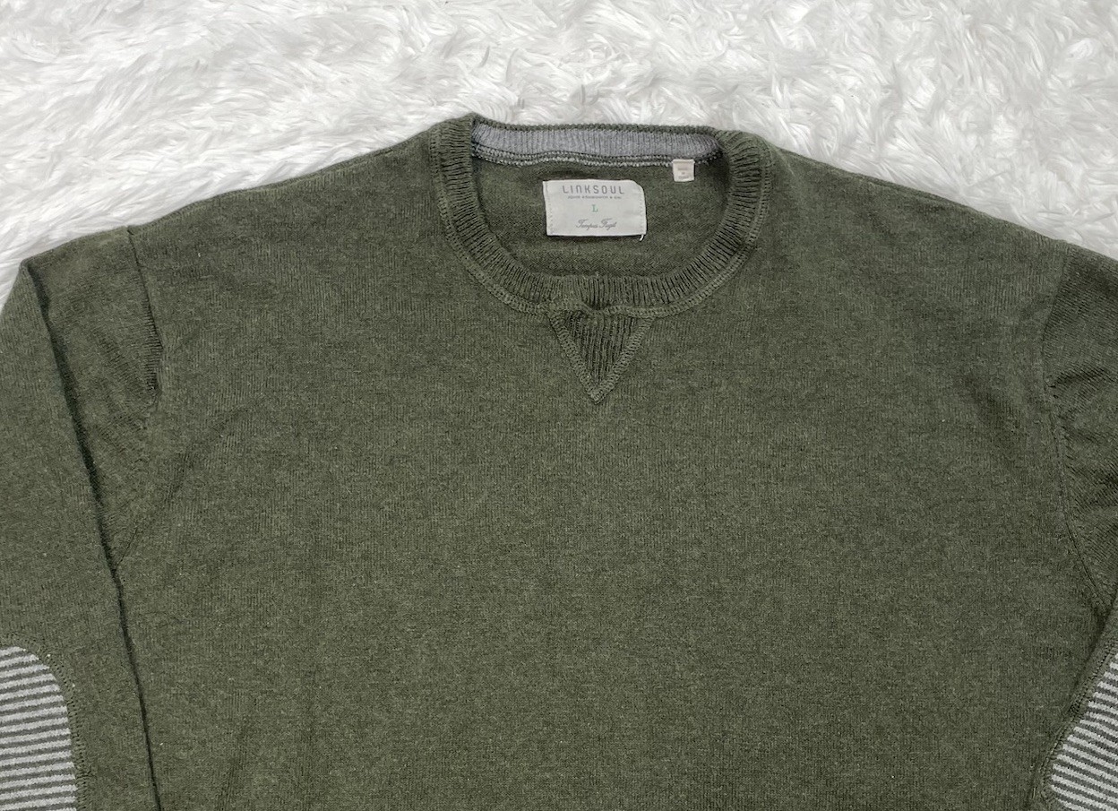 Linksoul Men’s Size L Large Cotton Cashmere Sweater Green Elbow Patches Luxury