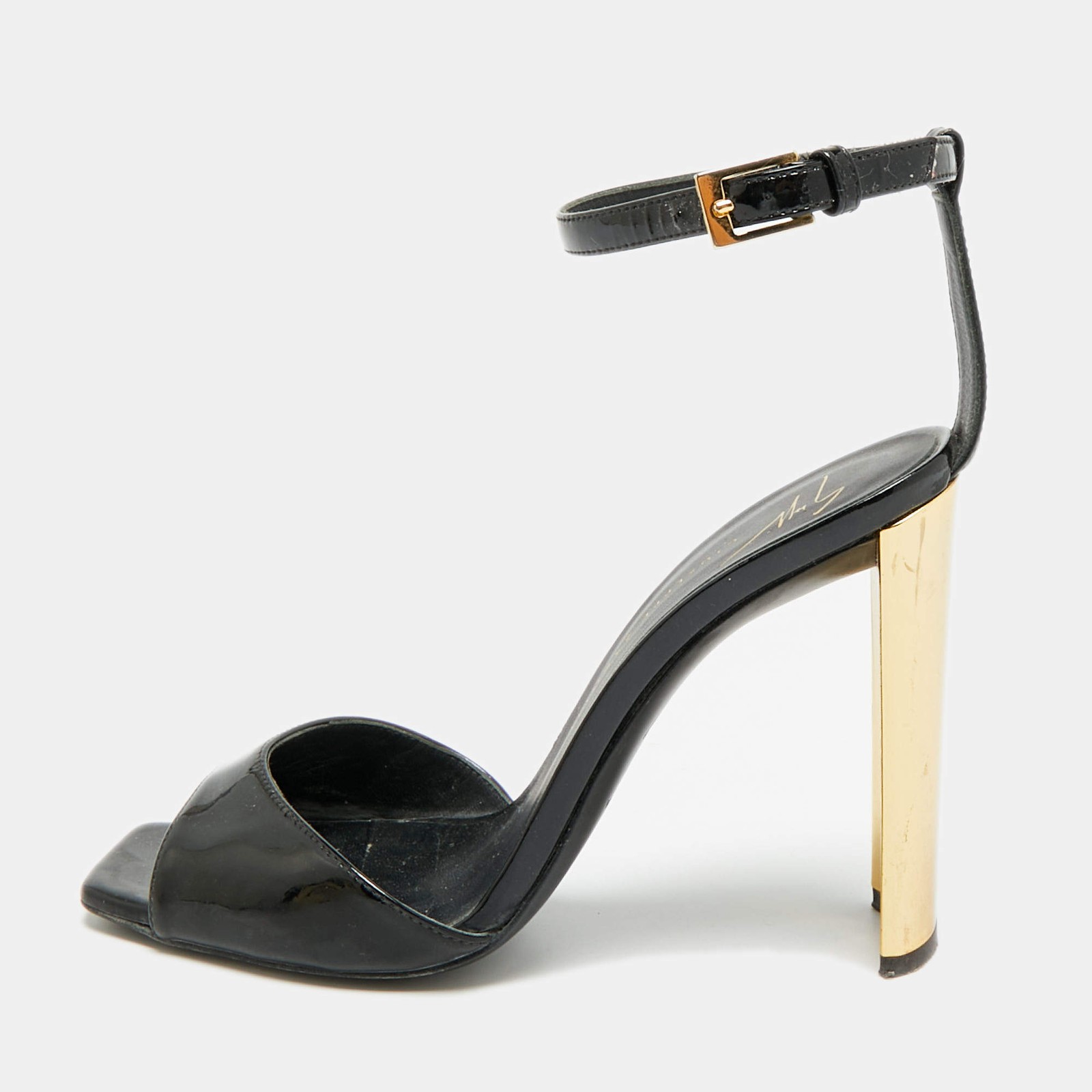 Giuseppe Zanotti Size 36 BlackGold Patent Leather Ankle Strap Sandals
