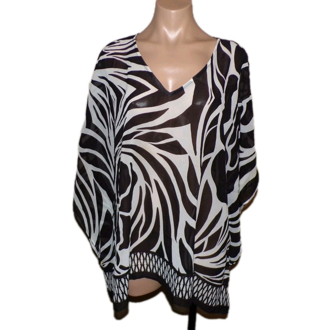 Chicos Black White Sheer Batwing Dolman Sleeve Top Size Large/XL Womens Blouse