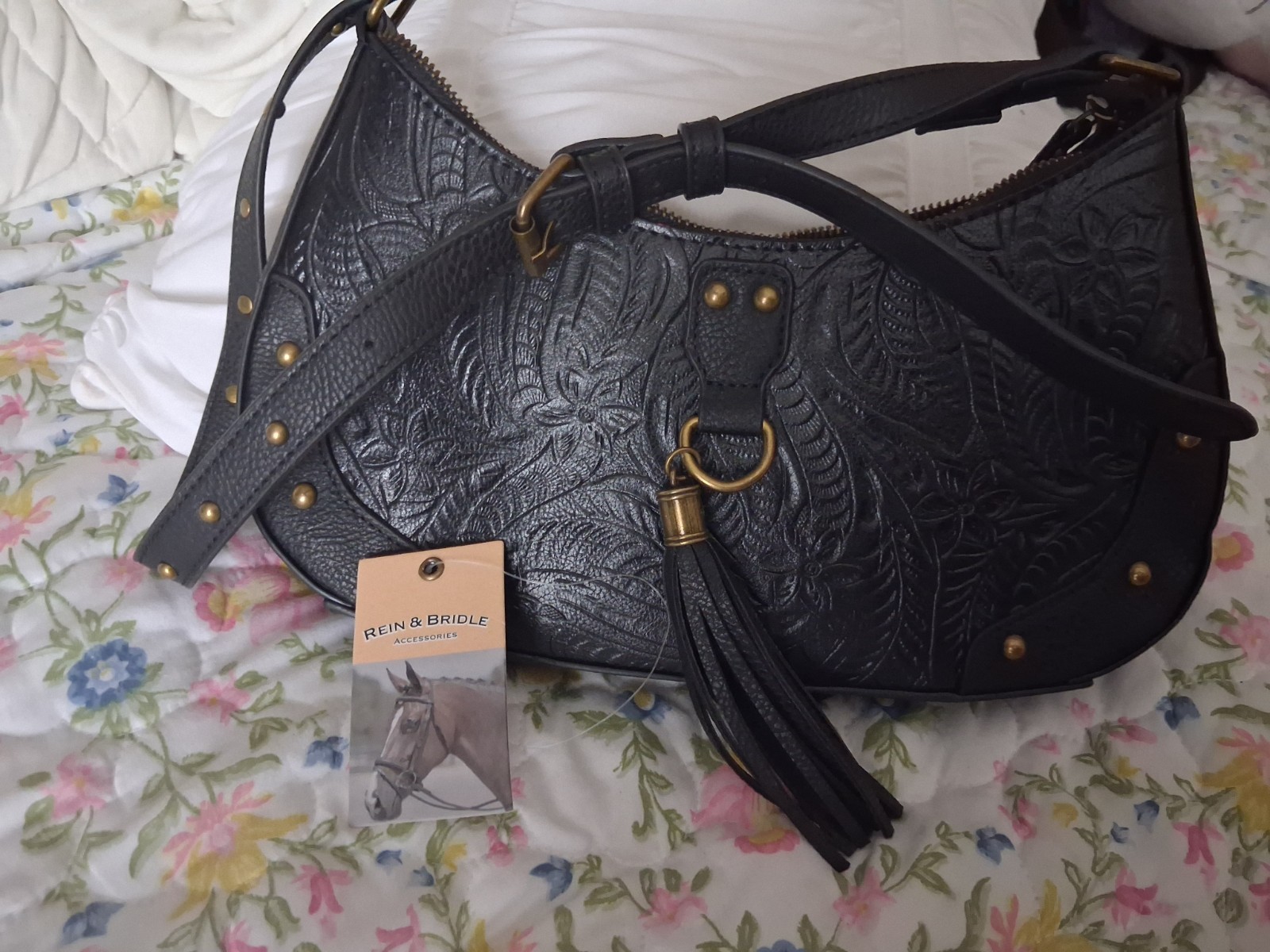 Rein & Bridle Black Floral Embossed Crescent Shoulder Bag, Zip, Detachable