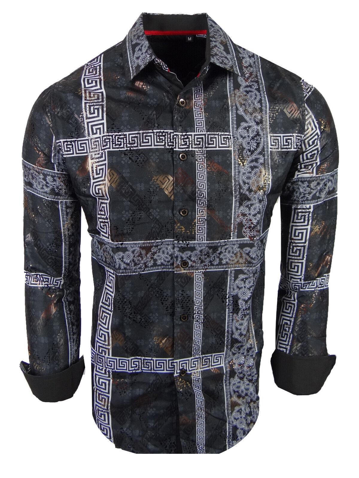 Mens Shirt Italian Stripe Floral Prints Gold Overlay Stretch Slim Fit Button Up