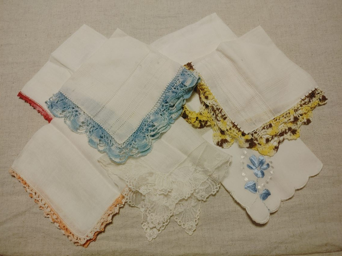 LOT OF 7 Vtg. Ladies Cotton Handkerchiefs with Tatted and Crocheted Trim