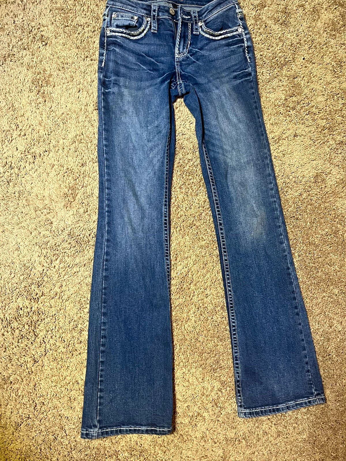 Shyanne Women’s Blue Medium Wash Bootcut Jeans Slim Fit Stretch Logo Rhinestone