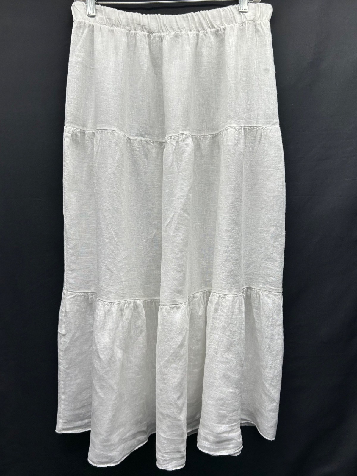White Tiered Linen Maxi Skirt Made In Italy Elastic Waistband Lightweight Fabric