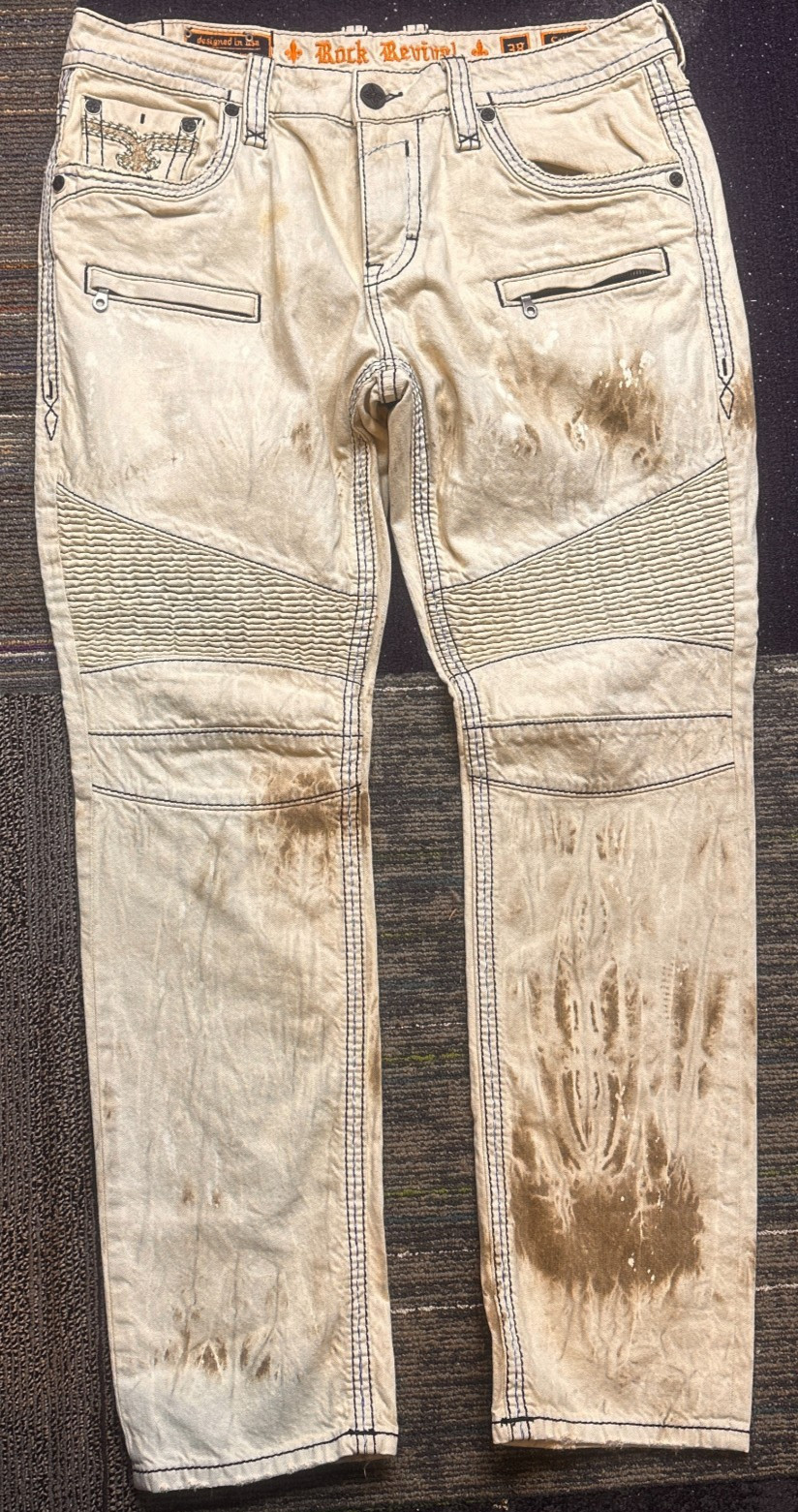 Rock Revivial Callan Biker Beige Jeans Acid Distressed Embroidery Size 38 x 33