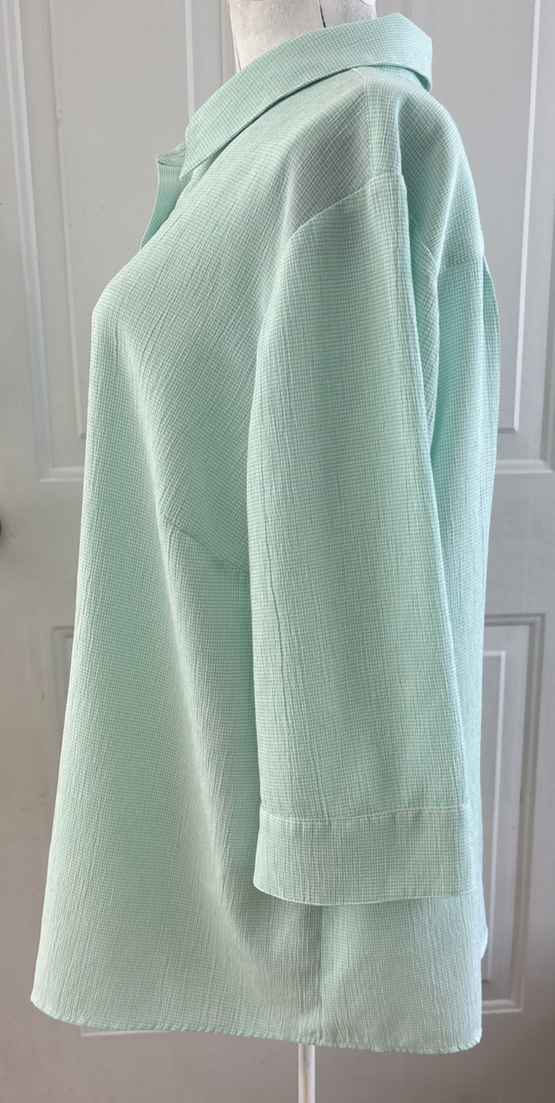 CJ Banks Blouse 3X Mint Green&White Check 3/4 Sleeves Button Down Casual READ!!!
