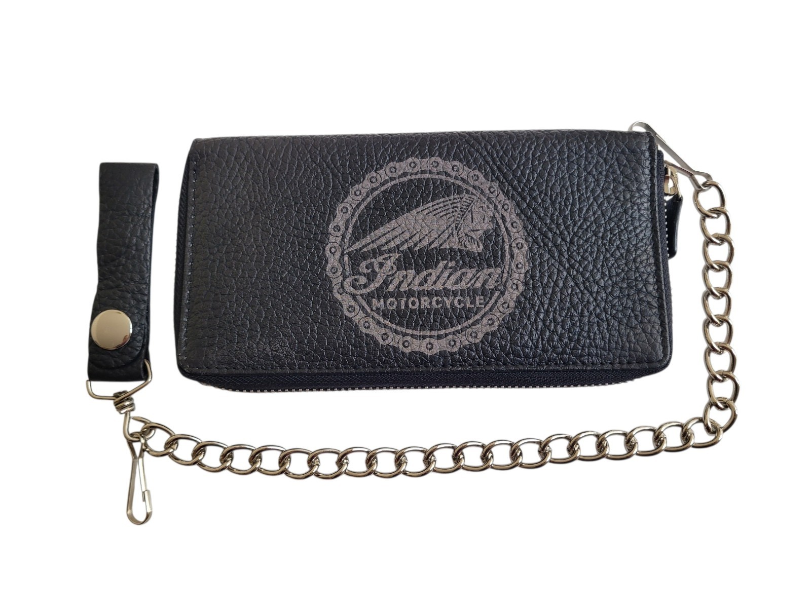 Indian Motorcycle Genuine Leather Biker All Over Zipper Bi-Fold Wallet W/ Chain