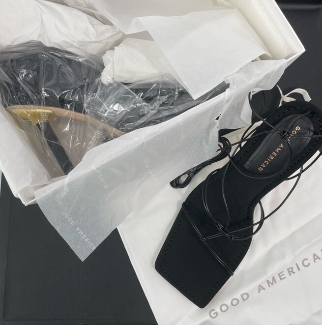 Good American Caged Neoprene Lace Up Sandals Square Sexy Square Heel Black 10