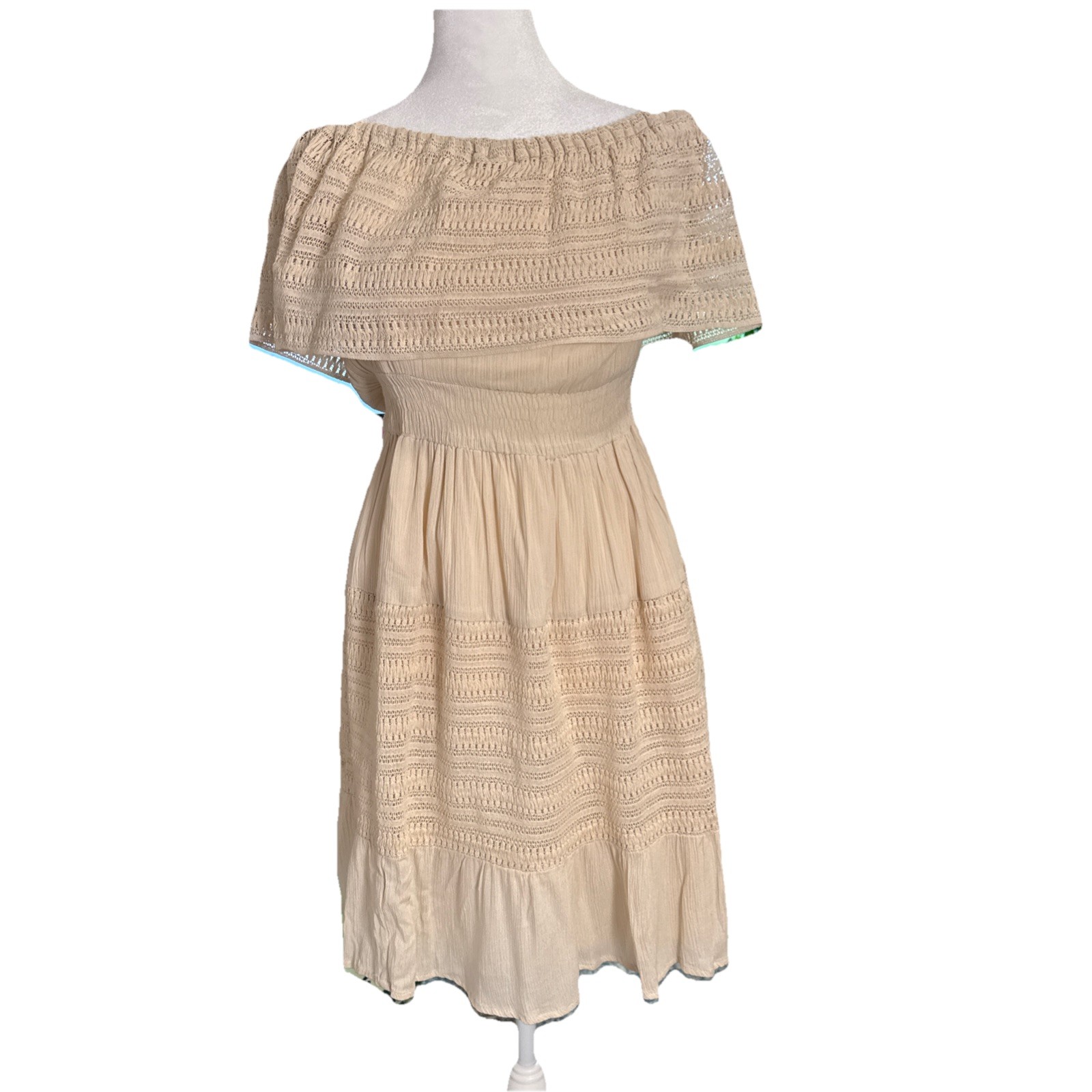 Dress Nado Cream Ruffle Crochet Overlay Dress Sz XL Boho Peasant Smocked Waist