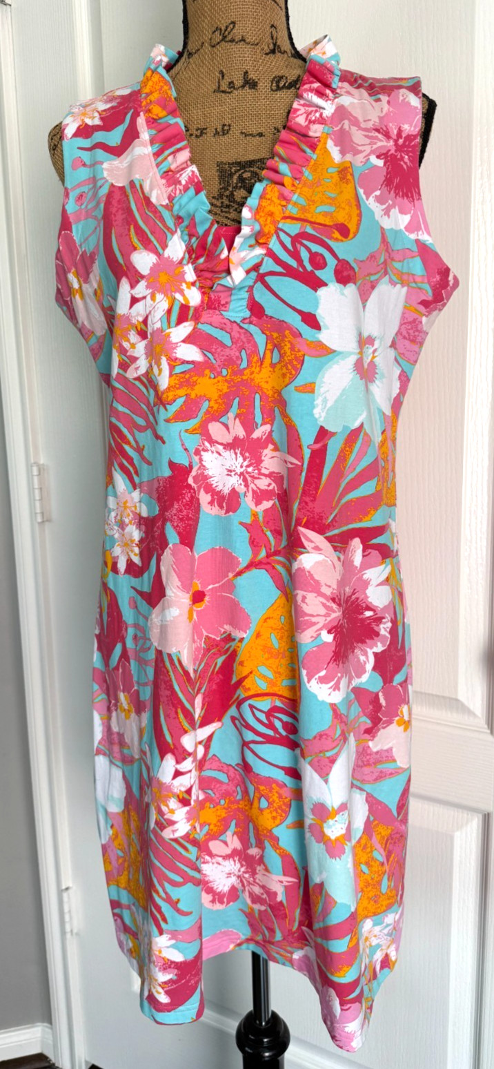 Ana Clare Dress Sleeveless Ruffle V-Neck Pink Floral Hawaiian Cotton Stretch XL