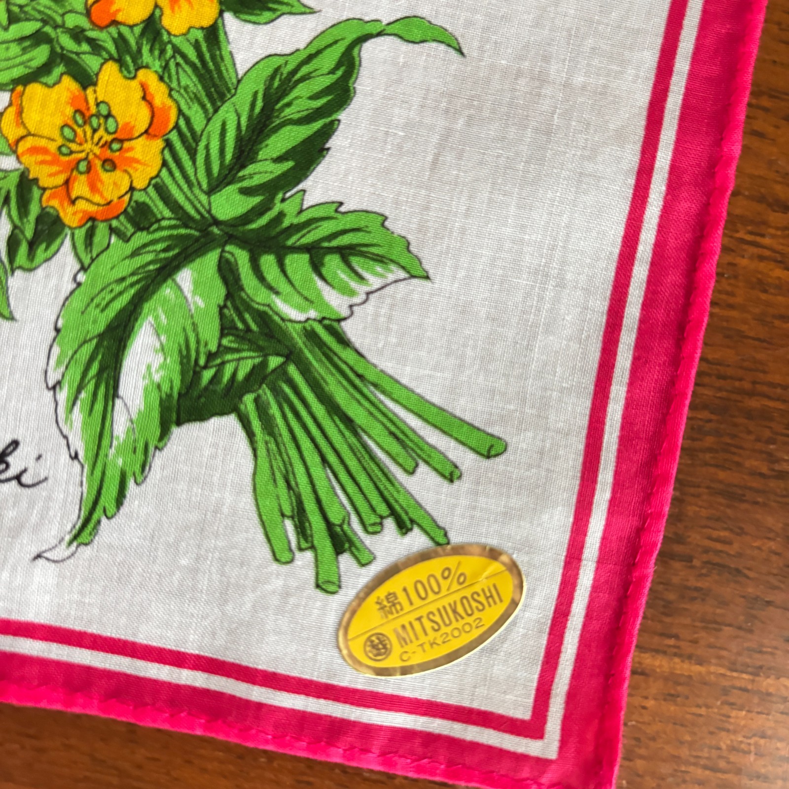 RARE Vintage Mitsukoshi Scarf Handkerchief 2pc Set Floral Pink Navy Cotton Japan