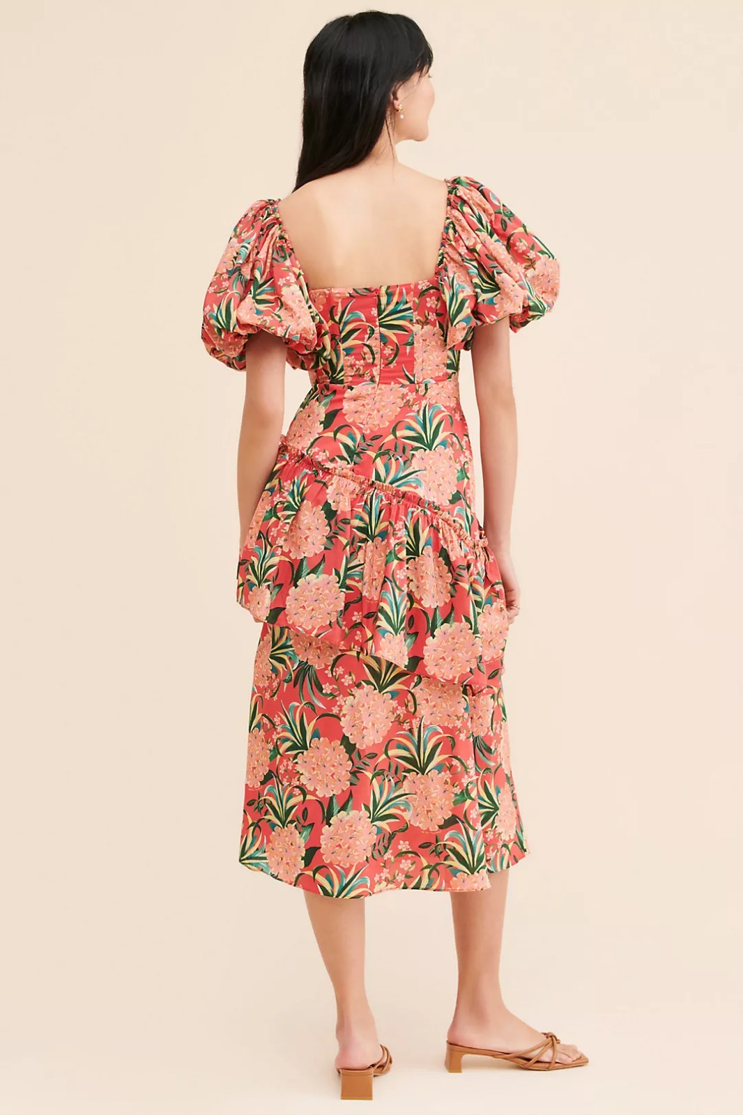 NWT Farm Rio Pineapple Bloom Red Cut Out Midi Dress Puff Sleeve Sz XS $275