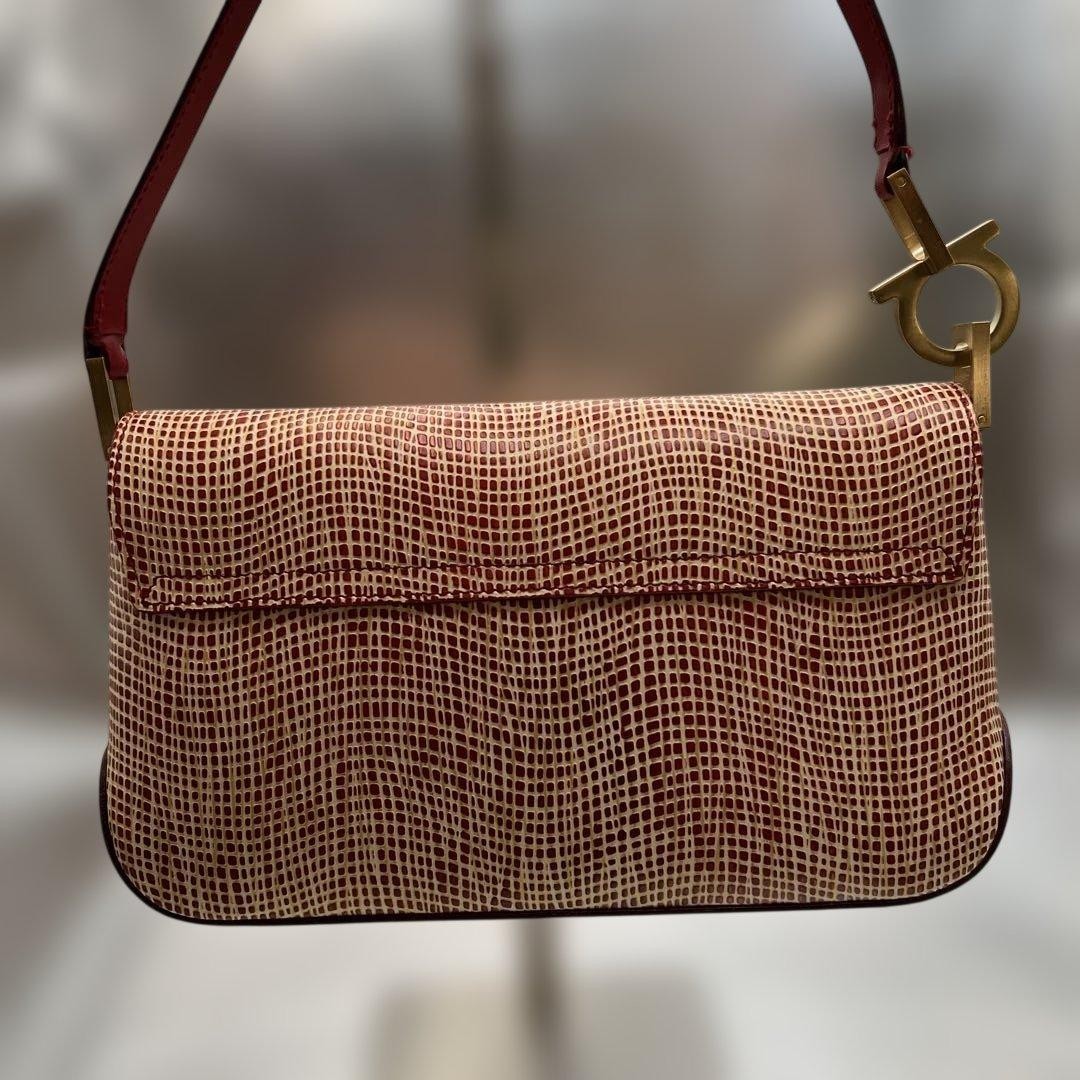 Salvatore Ferragamo Gancini Shoulder Bag Beige Red Leather 9.3in x 5.5in x 2.8in