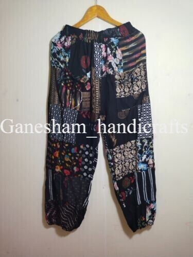 Black Patchwork Harem Pants, Boho Hippie Harem Pants, Wide Leg Bohemian Pant