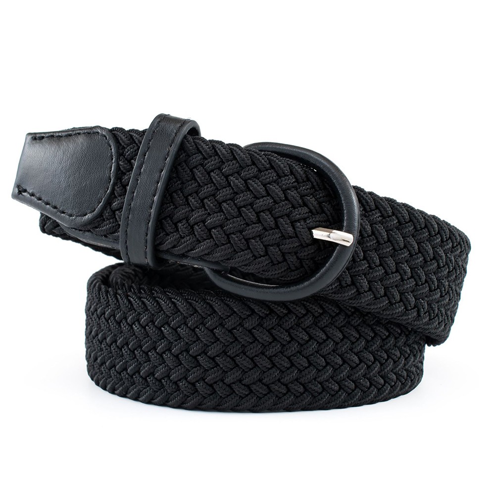 Black Leather Stretch Belt Covered Buckle Woven Elastic Belt 7001 1-1/4″ Wide