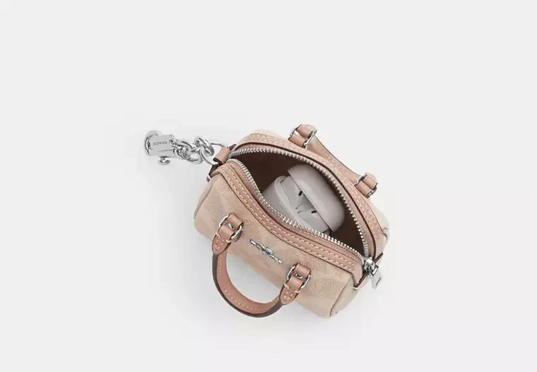 Coach Mini Rowan Bag Charm CX068 Sand Signature Canvas Leather 3.75″x2.5″x2.25″