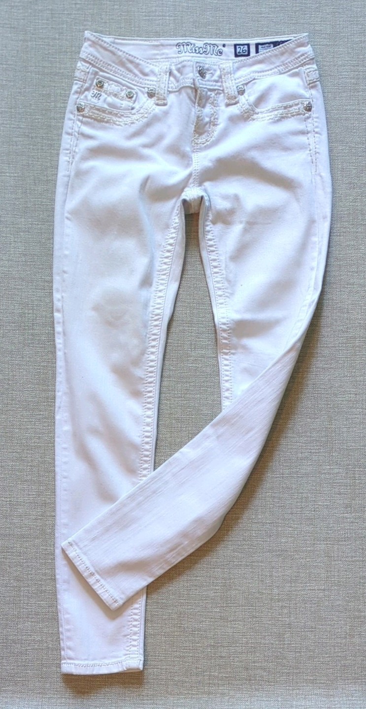 Miss Me White Mid-Rise Skinny Jeans 26×30 Rhinestone Embellished MS5014S215