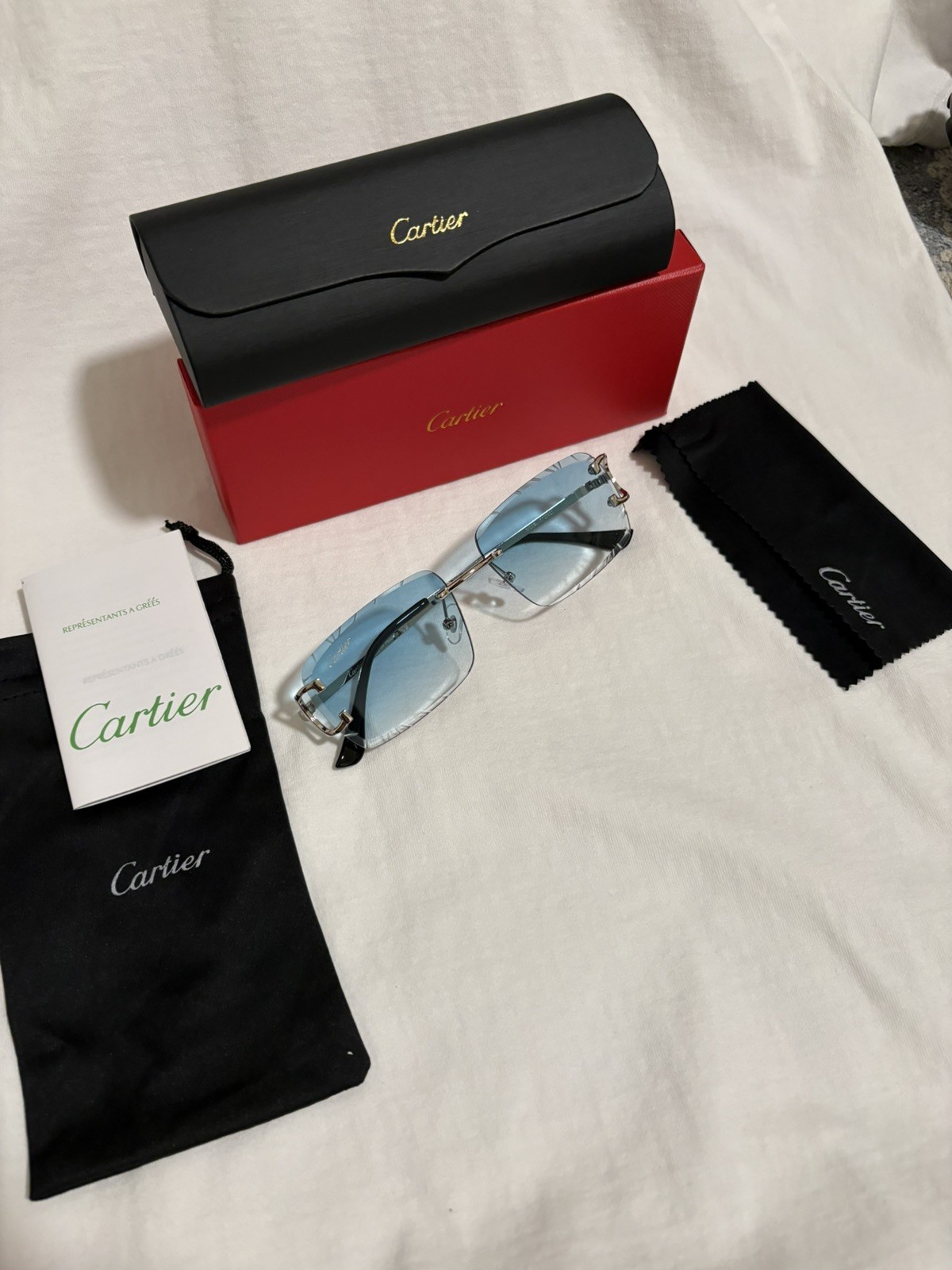 Cartier Big C Diamond Cut blue/green Fade Frameless Lens silver Frame