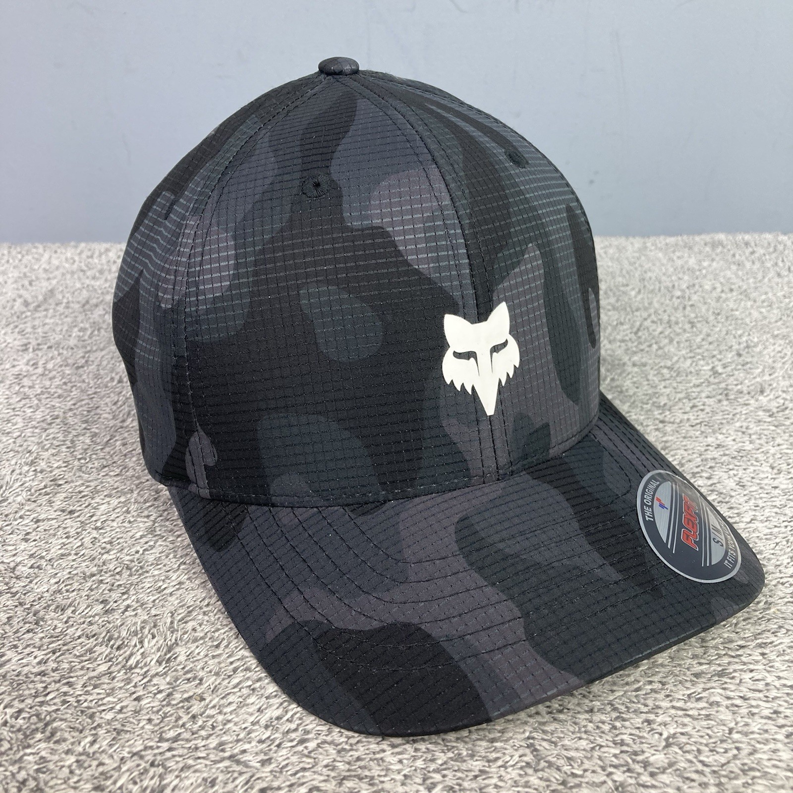 Fox Racing Hat OG Logo Tech FlexFit Camo Adult Men’s Black Gray S/M NEW