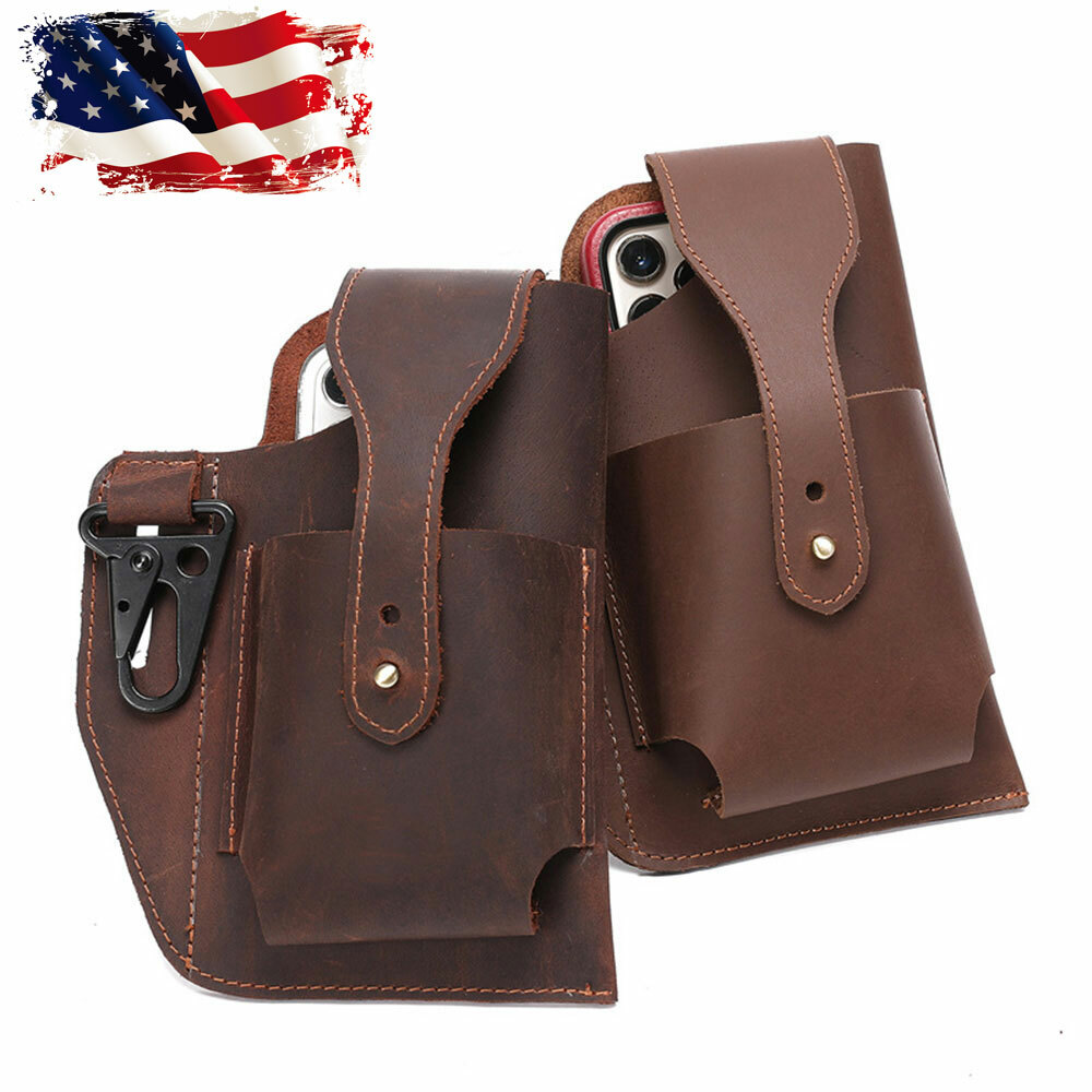 Crazy-horse Leather Pocket Waist Bag Cell Phone EDC Holster Belt Loop Organizer