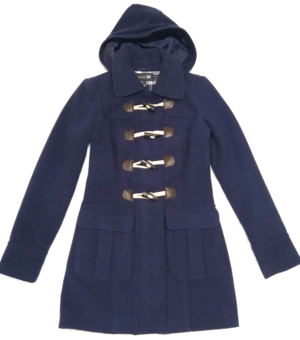 NWOT Forever 21 Navy Blue Hooded Duffle Coat Toggle Button Peacoat Outerwear S