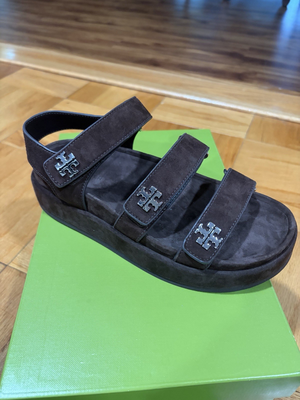 NWB Tory Burch Kira Triple Strap Suede Sandals Hook & Loop Brown/Silver Women 7