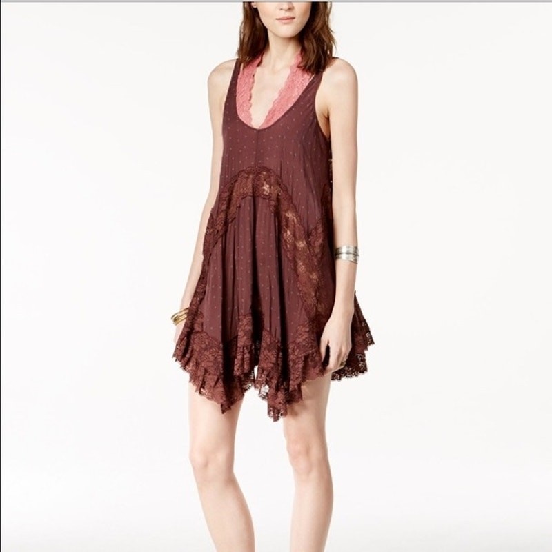 Free People Intimately She Swings Trapeze Slip Dress L Teddy Brown Lace Rare FP
