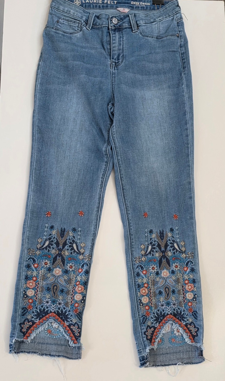 Laurie Felt Daisy Denim Jeans Slim Leg Size 8 with Embroidery, Ankle Length