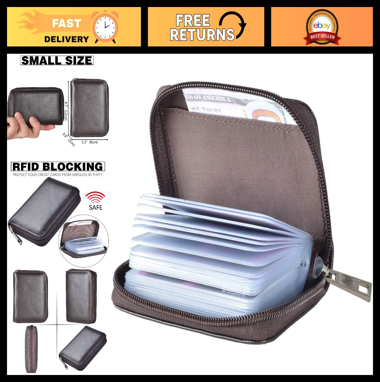 Premium Leather Zipper Wallet – 26 Card Slots, Compact Credit Card Holder