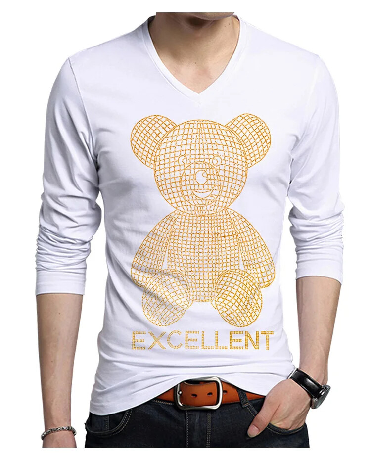 Fashion Trend Bear Rhinestones Streetwear Long Sleeve Luxury Men V-Neck T-Shirt