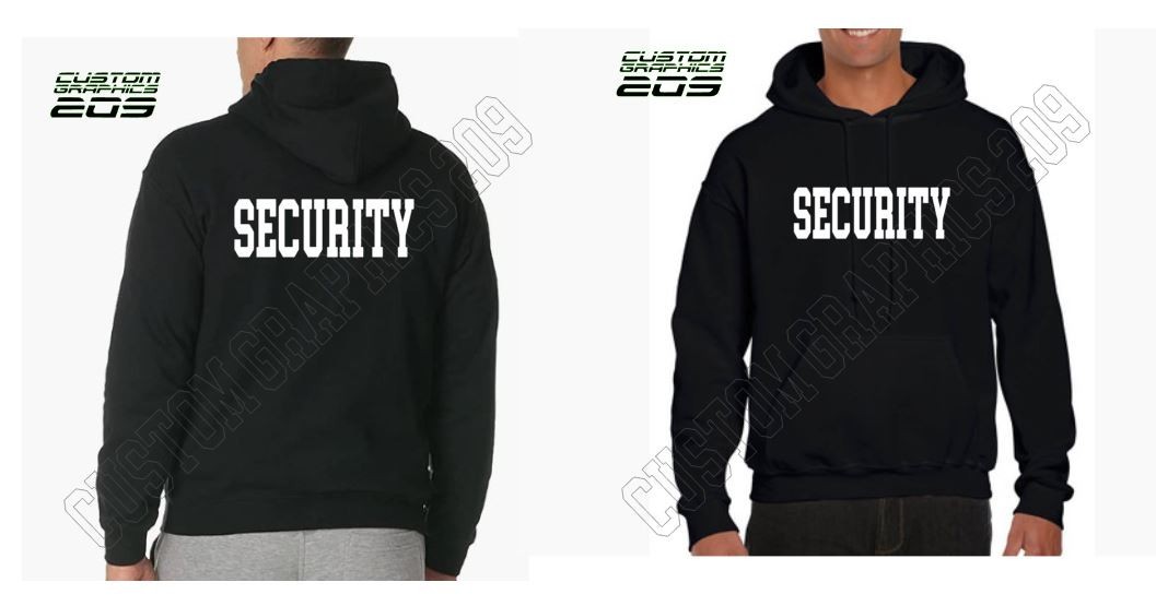 SECURITY Black Hoodie Front & Back Print Bold Text Unisex Cotton Blend Sweatshir