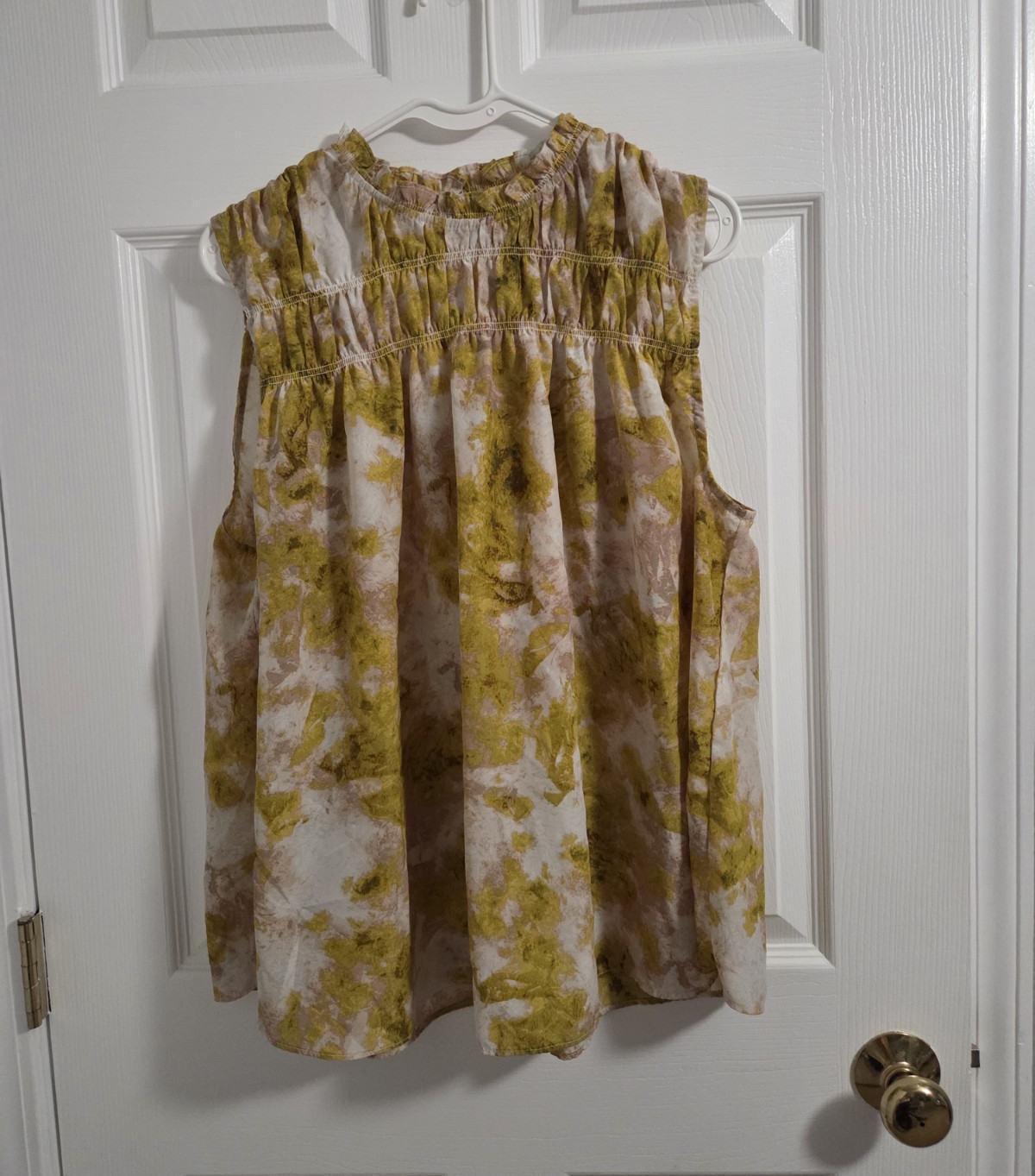 Joie Yellow White Floral Chiffon Sleeveless Smocked Ruffle Neck Blouse XXL