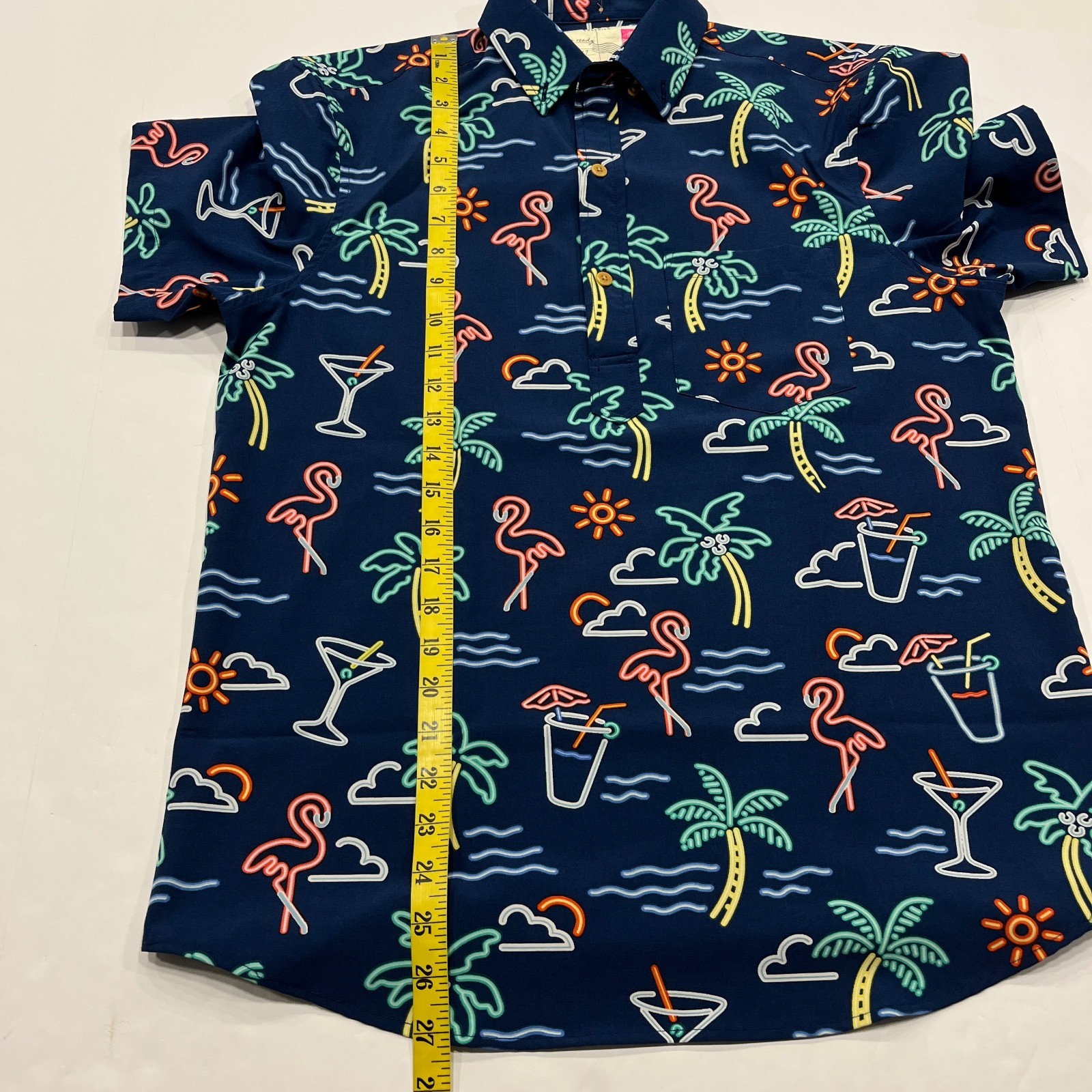 Chubbies Shirt Mens Small Blue Neon Trees Flamingos Cups Print Performance Polo
