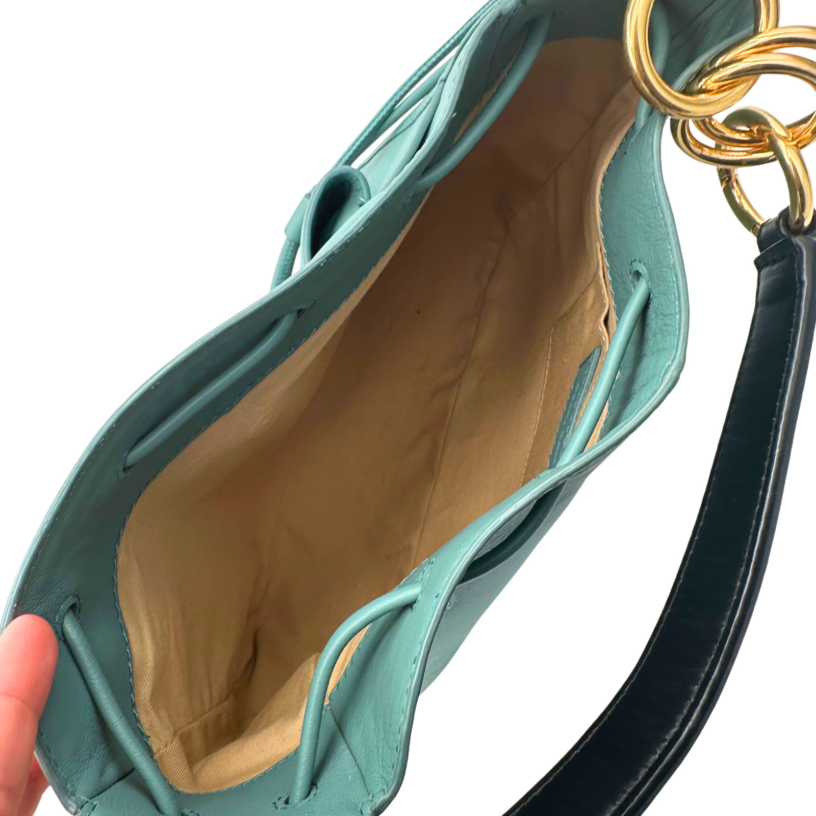 See By Chloe Tony Leather Shoulder Bucket Bag Teal Blue Gold Hardware