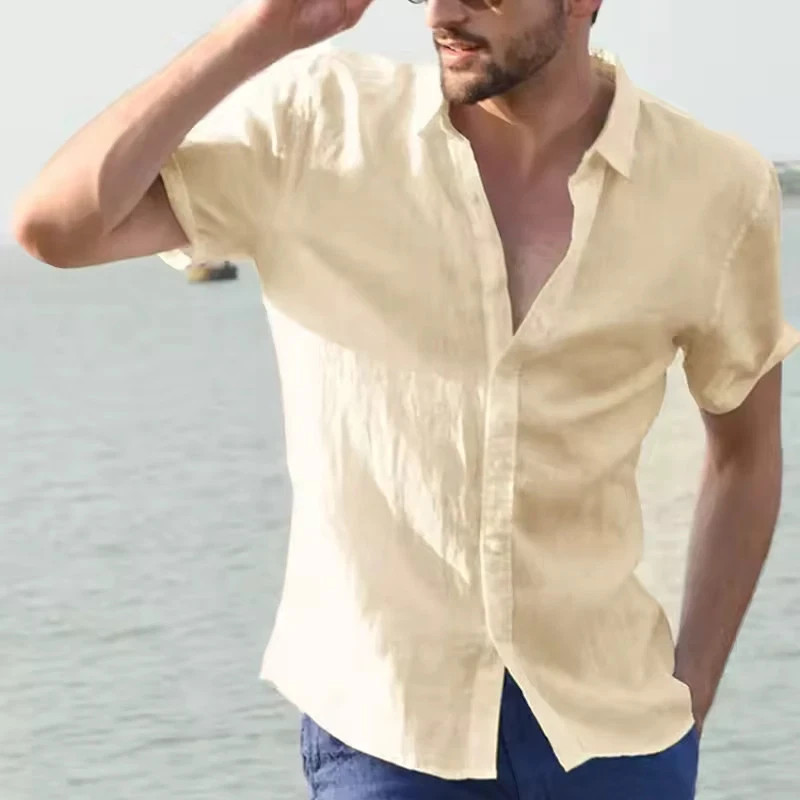 Men’s Summer Linen Short Sleeve Shirt Casual Solid Button-Down