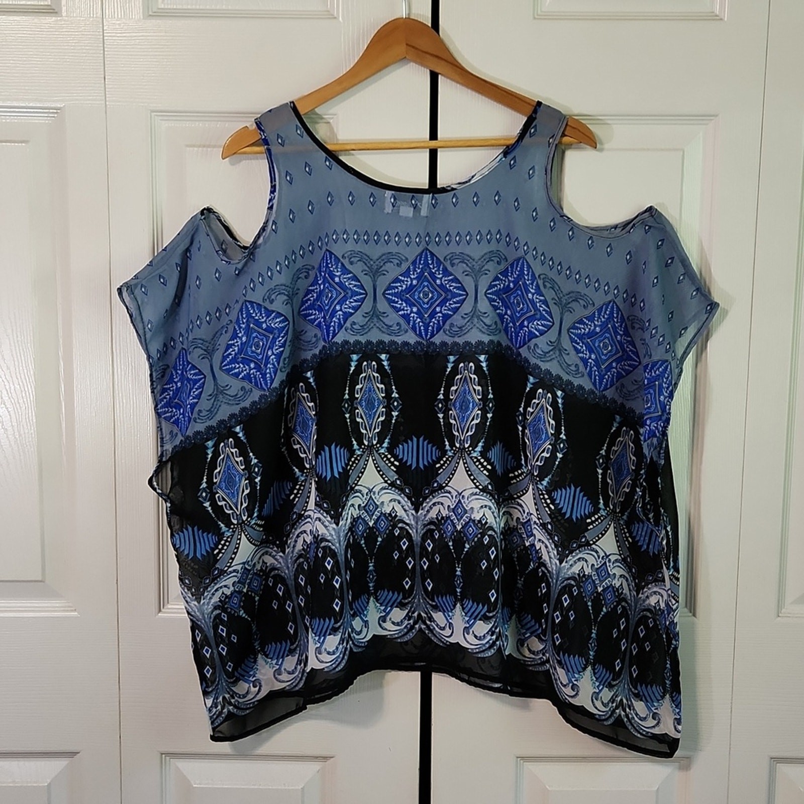 Arianna By Howards Multi-Colored Blouse OS Sheer Cold Shoulder Boho Abstract