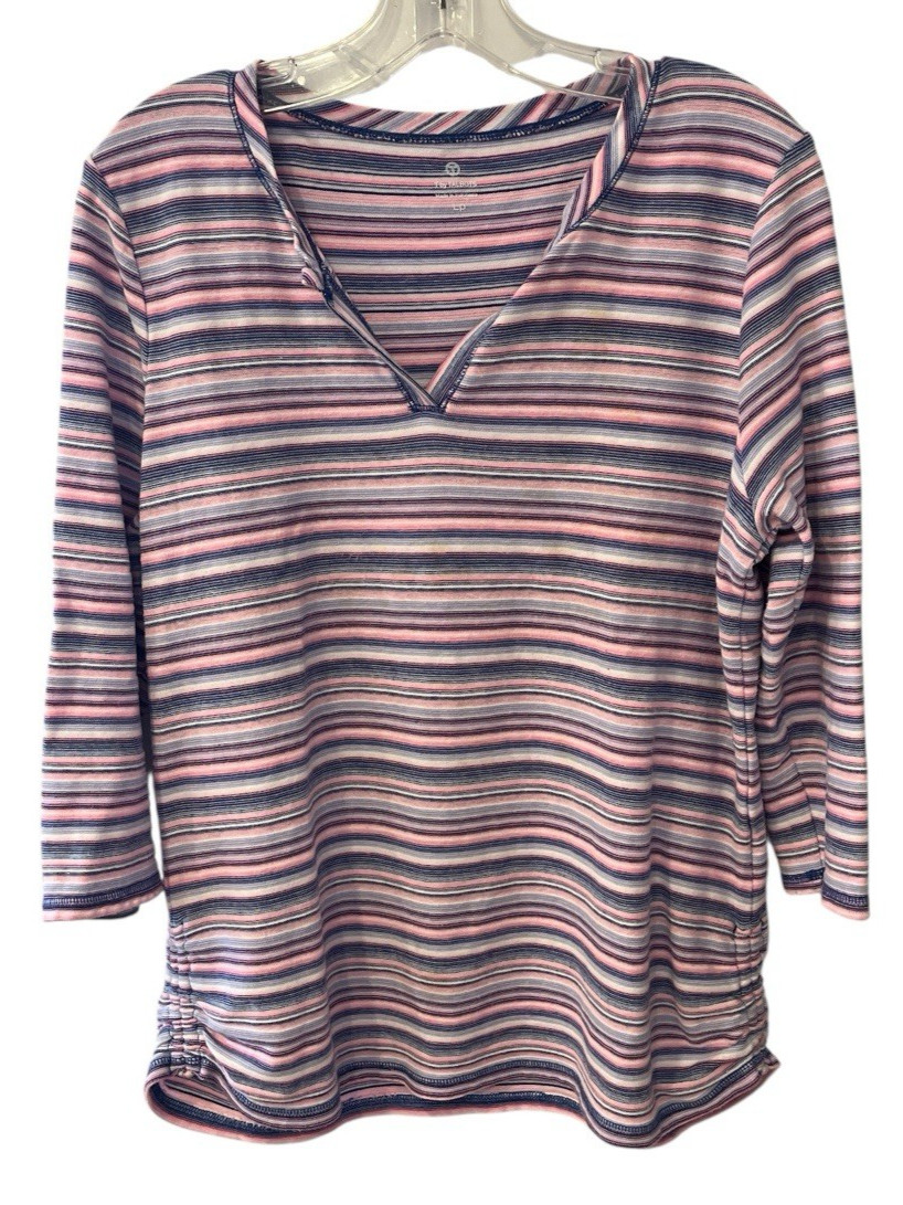 T By Talbots Top Women Large Petite Toulon Stripe Split V-Neck 3/4 Sleeves Pink