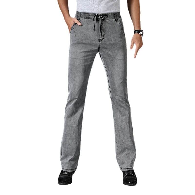 Men Bell Bottom Flared Denim Pants Jeans Soft Thin Trousers Drawstring Grey
