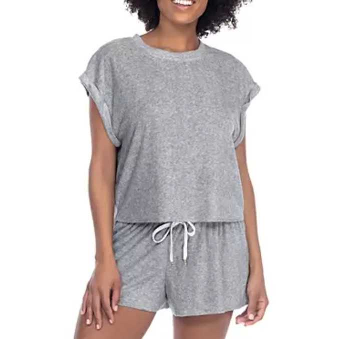 Honeydew Just Chillin Terry 2pc Loungewear Shorts Set Heather Grey Size L 4891